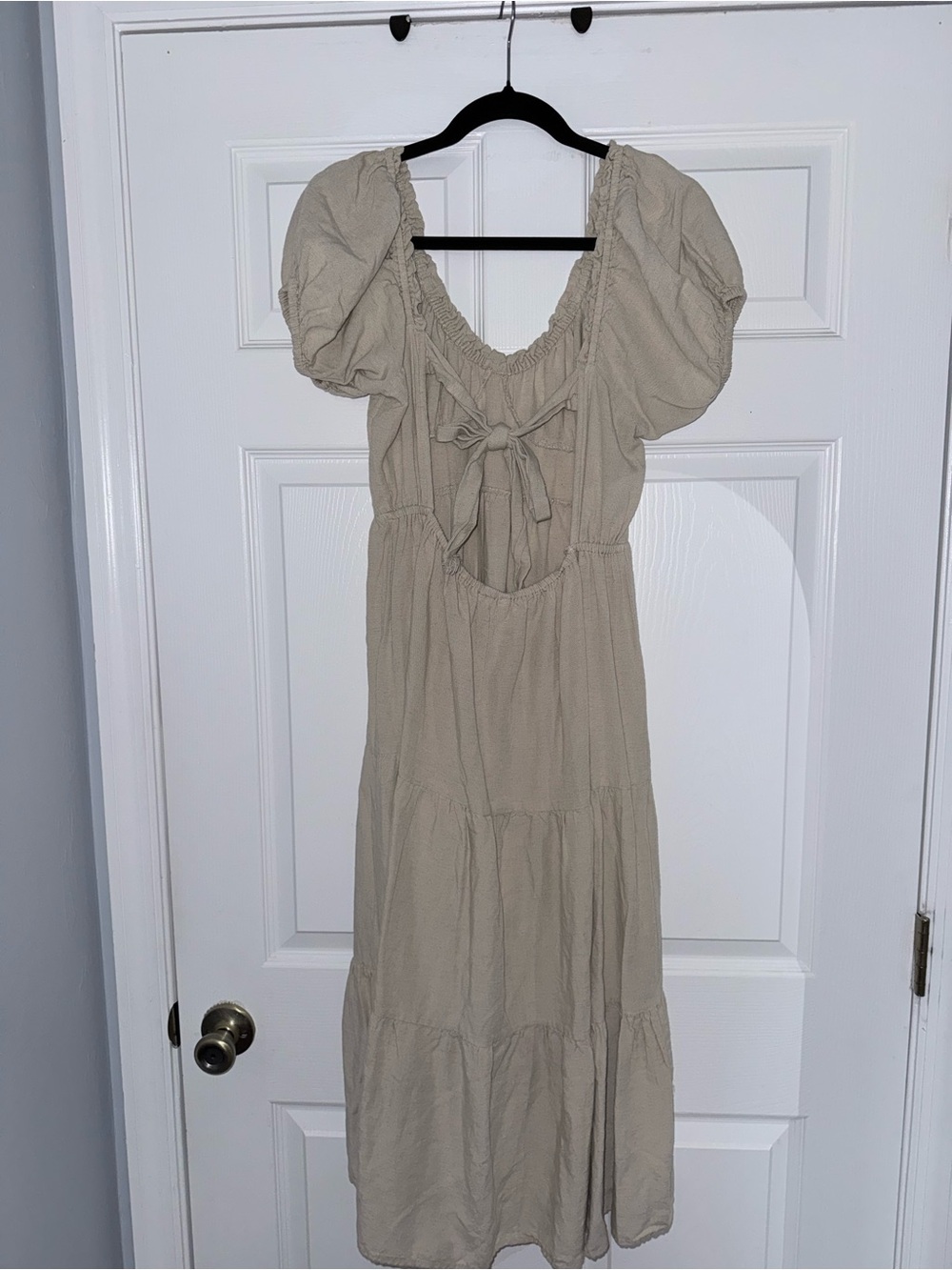 Sim & Sam Linen Puff-Sleeve Tiered Maxi Dress— Boho Style